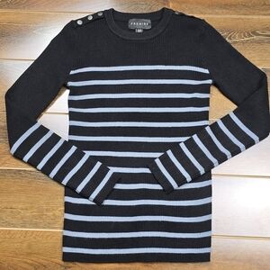 PREMISE- Women’s Small Petite Black and Gray Striped Womens Ribbed Sweater